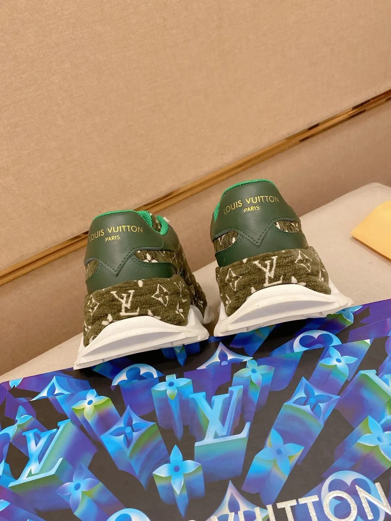 Louis Vuitton LV Trainer Army Green Blue Monogrammed Textile Upper Chunky Sculpted Midsole Lifestyle Sneakers 3