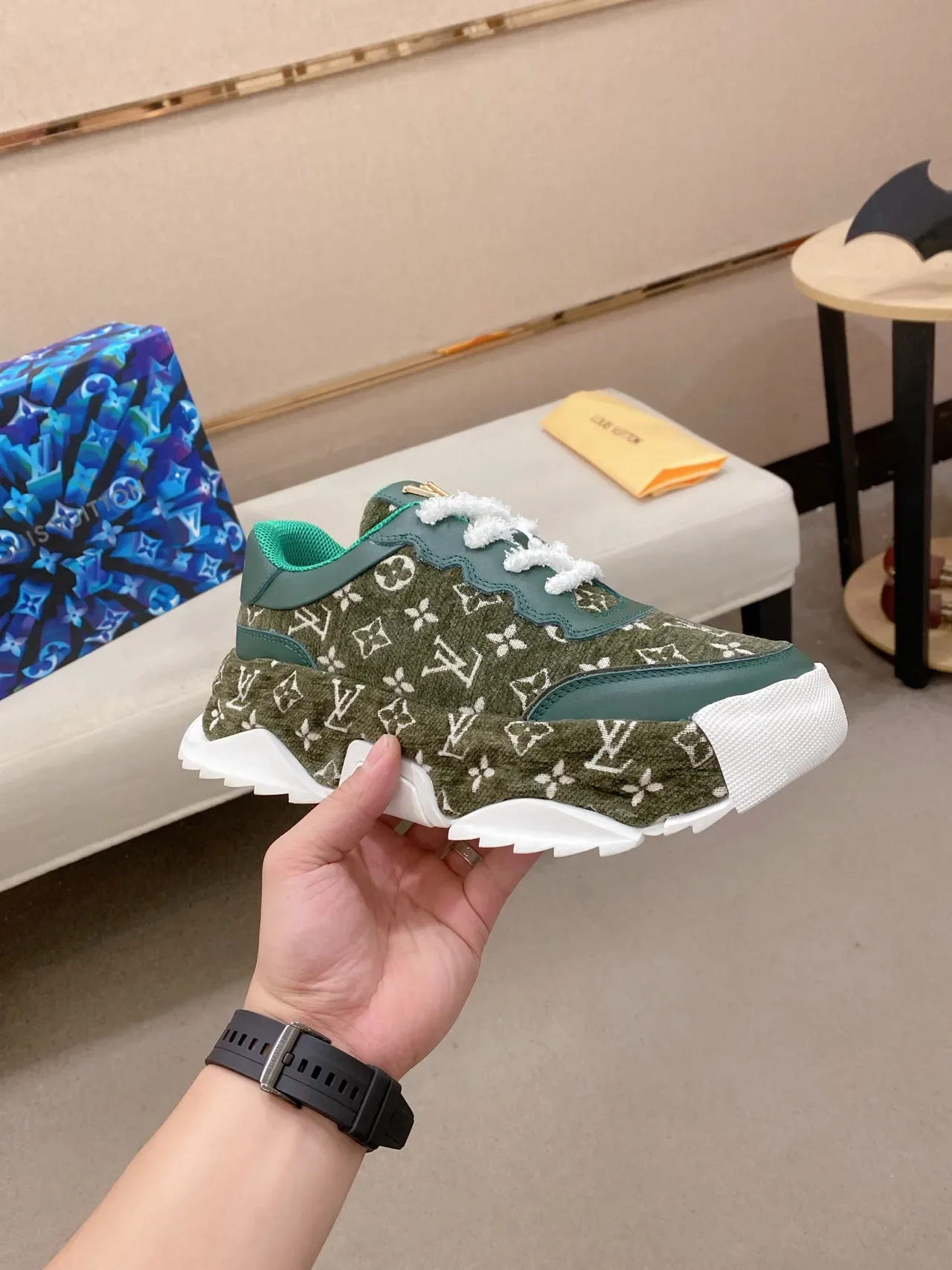 Louis Vuitton LV Trainer Army Green Blue Monogrammed Textile Upper Chunky Sculpted Midsole Lifestyle Sneakers 4
