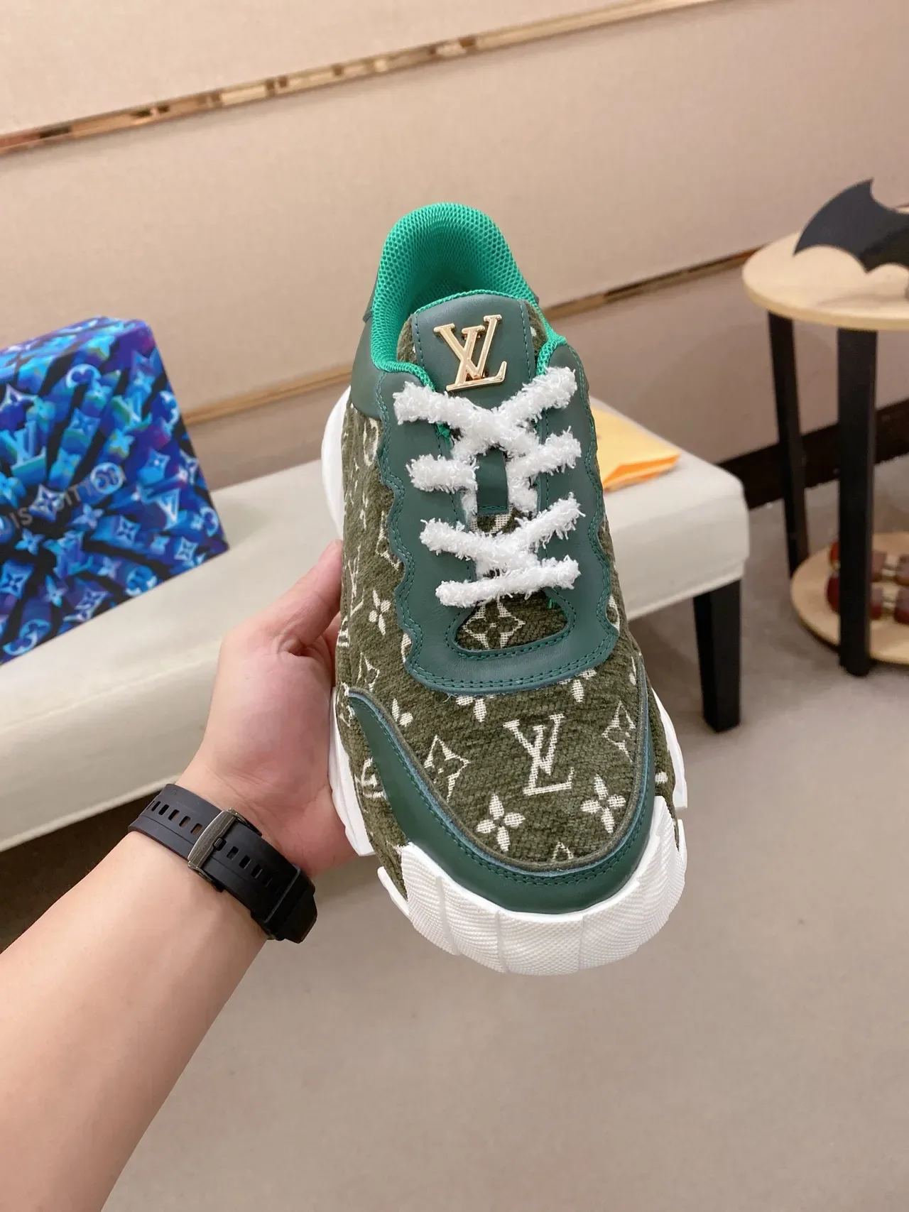Louis Vuitton LV Trainer Army Green Blue Monogrammed Textile Upper Chunky Sculpted Midsole Lifestyle Sneakers 5