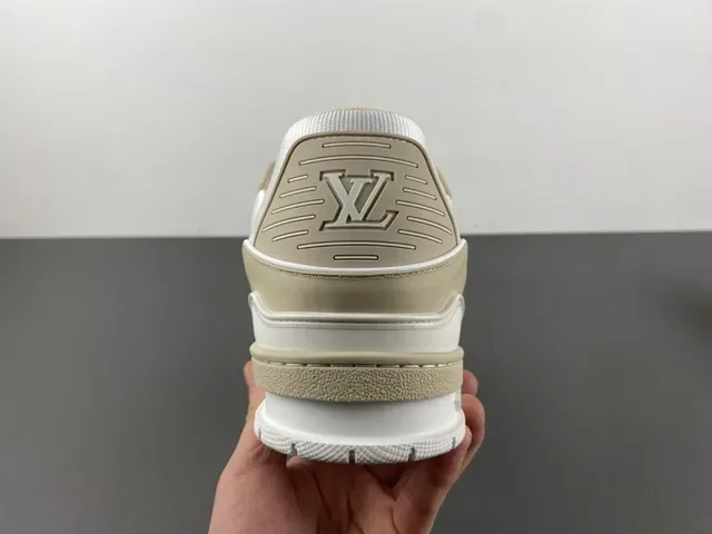 Louis Vuitton LV Trainer Beige White Layered Sole Textile And Pebbled Leather Upper Lifestyle Sneakers 4