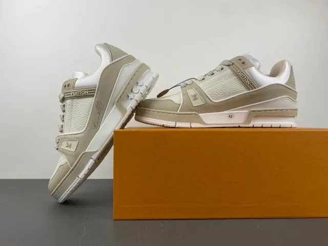 Louis Vuitton LV Trainer Beige White Layered Sole Textile And Pebbled Leather Upper Lifestyle Sneakers 14