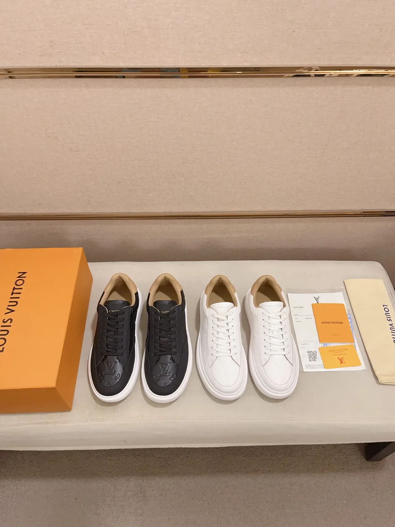 Louis Vuitton LV Trainer Black Beige Monogram-Embossed Leather White Platform Sole Lifestyle Sneakers 2