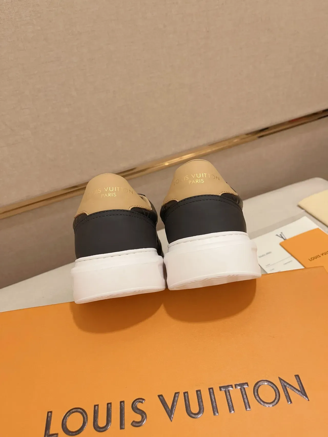 Louis Vuitton LV Trainer Black Beige Monogram-Embossed Leather White Platform Sole Lifestyle Sneakers 3