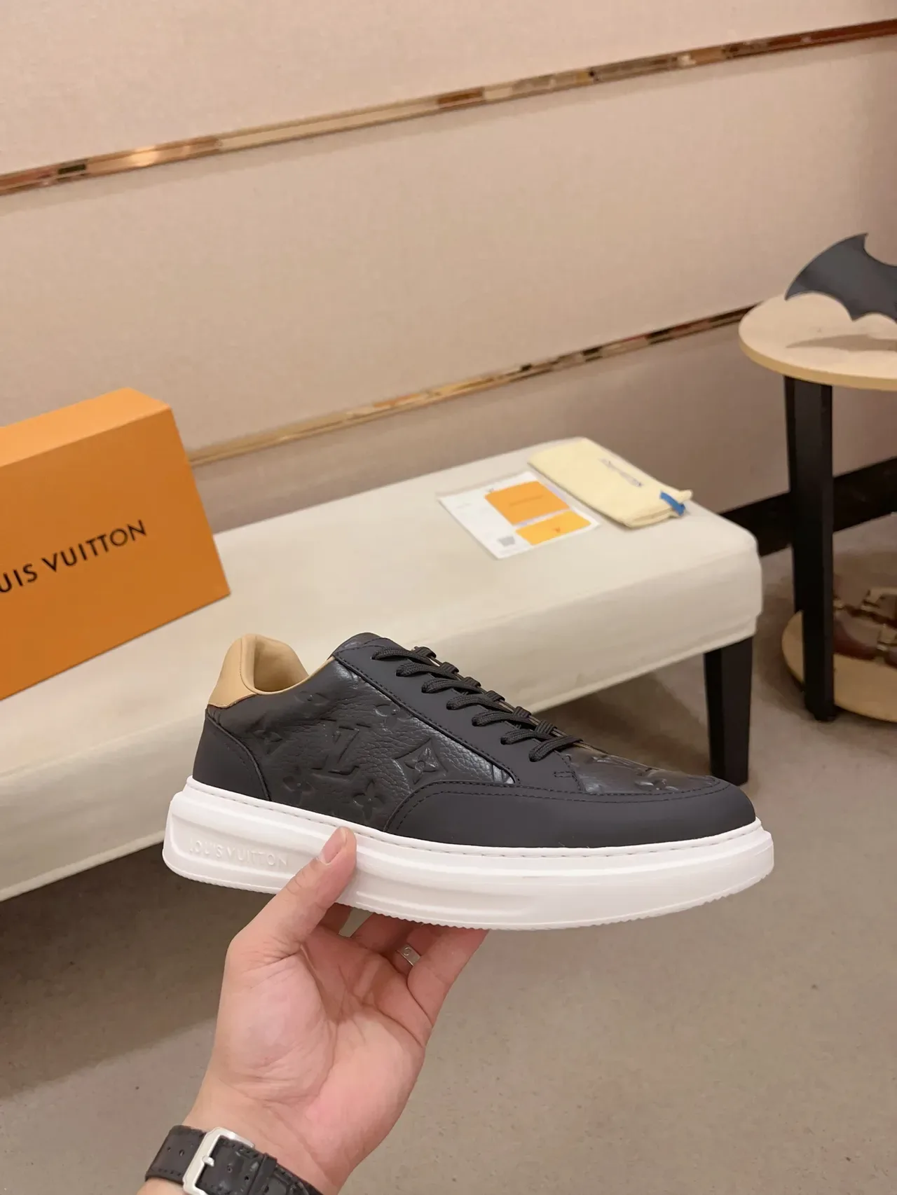 Louis Vuitton LV Trainer Black Beige Monogram-Embossed Leather White Platform Sole Lifestyle Sneakers 4