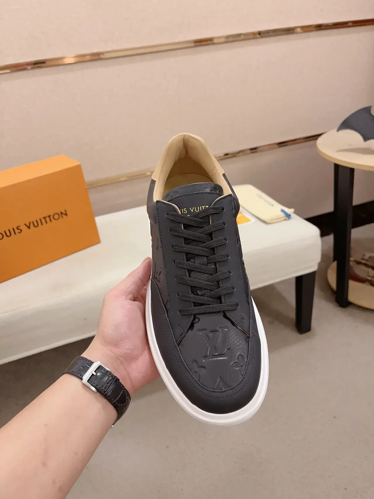 Louis Vuitton LV Trainer Black Beige Monogram-Embossed Leather White Platform Sole Lifestyle Sneakers 5