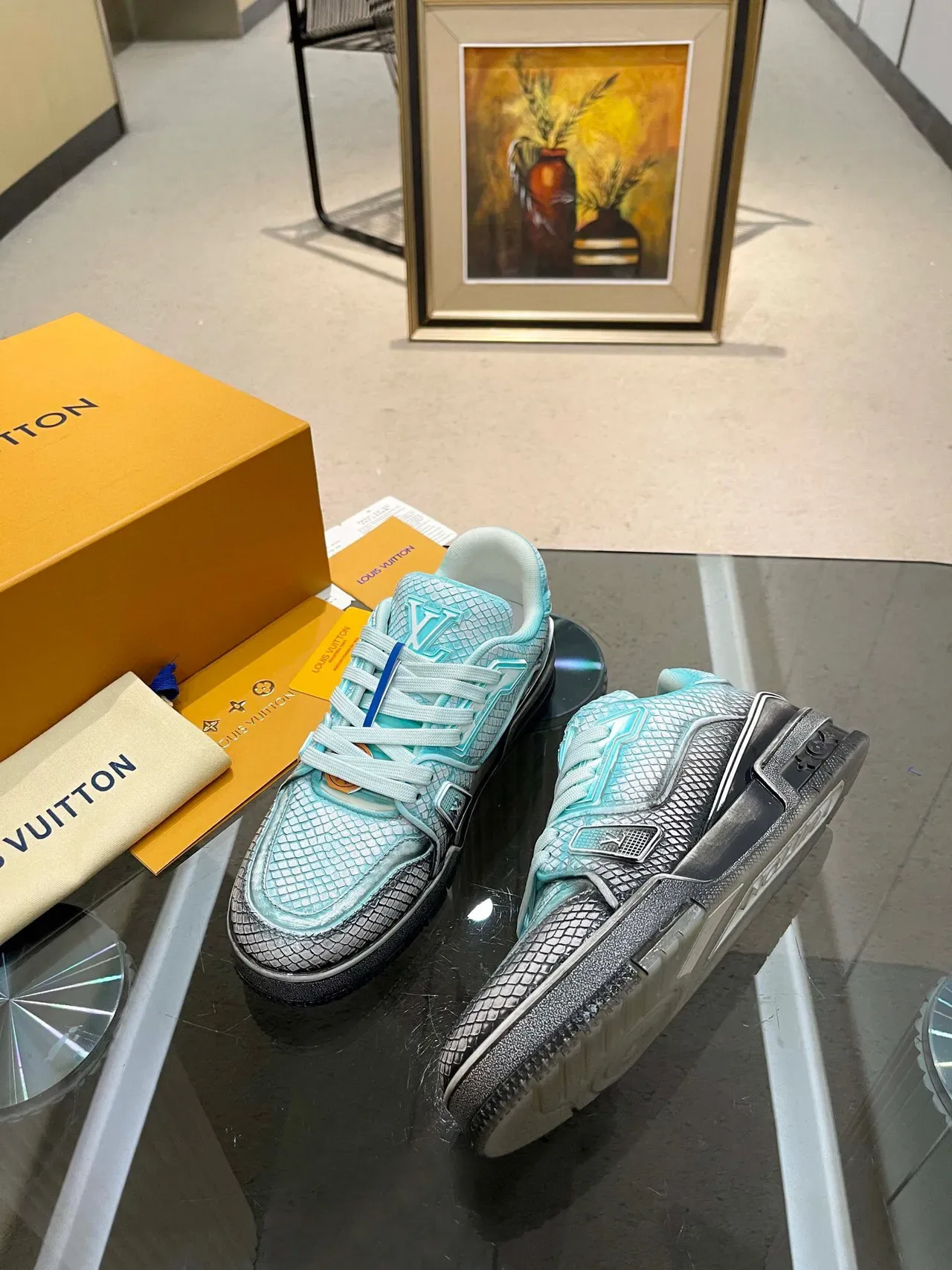 Louis Vuitton LV Trainer Blue Silver Low-Top Snake-Embossed Leather Lifestyle Sneakers 2