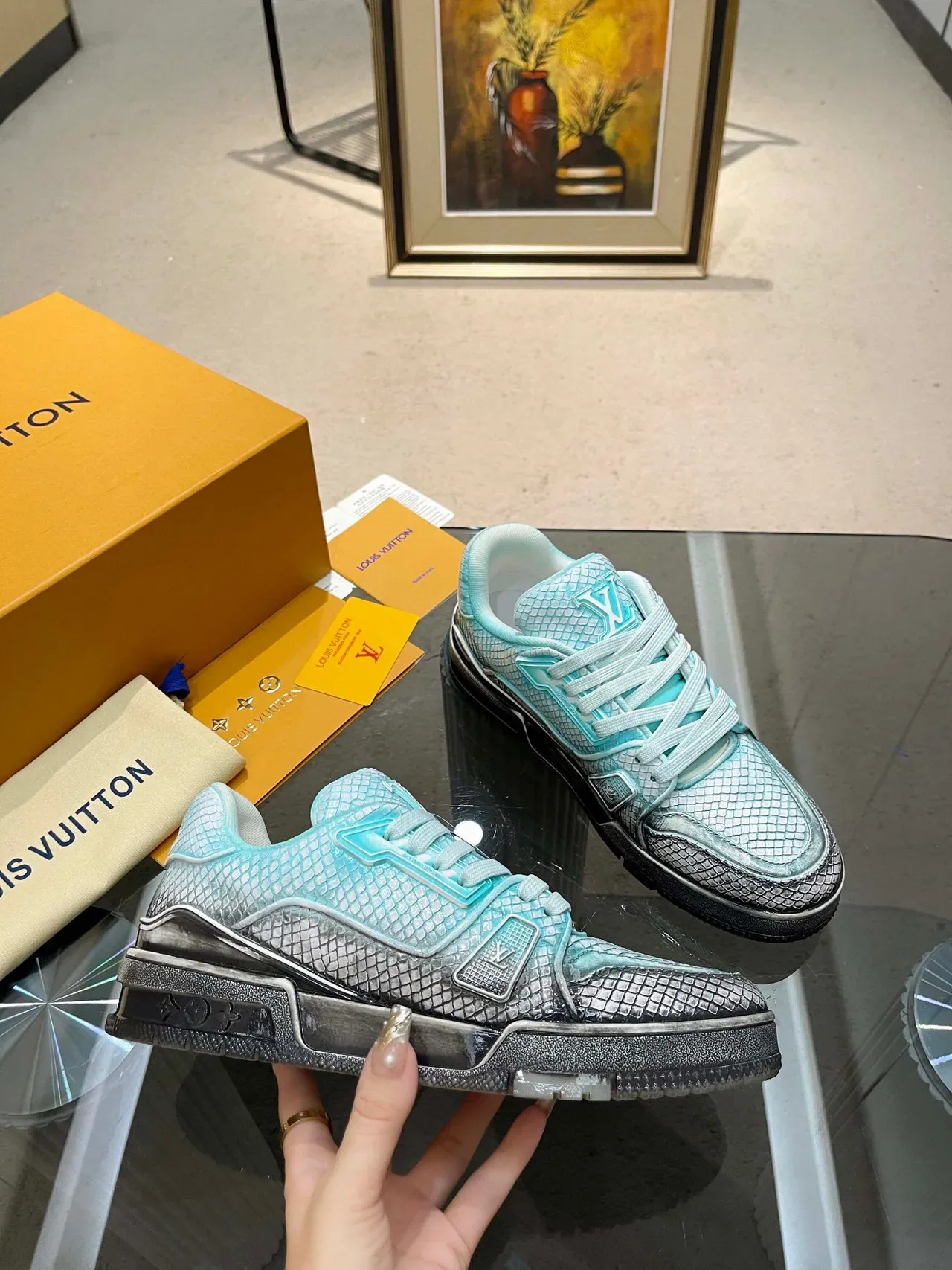 Louis Vuitton LV Trainer Blue Silver Low-Top Snake-Embossed Leather Lifestyle Sneakers 8