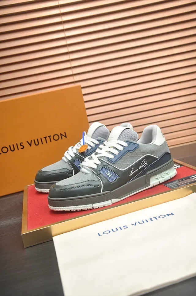 Louis Vuitton LV Trainer Gray Navy Layered Mesh And Leather Upper Cursive Script Branding Lifestyle Sneakers 4