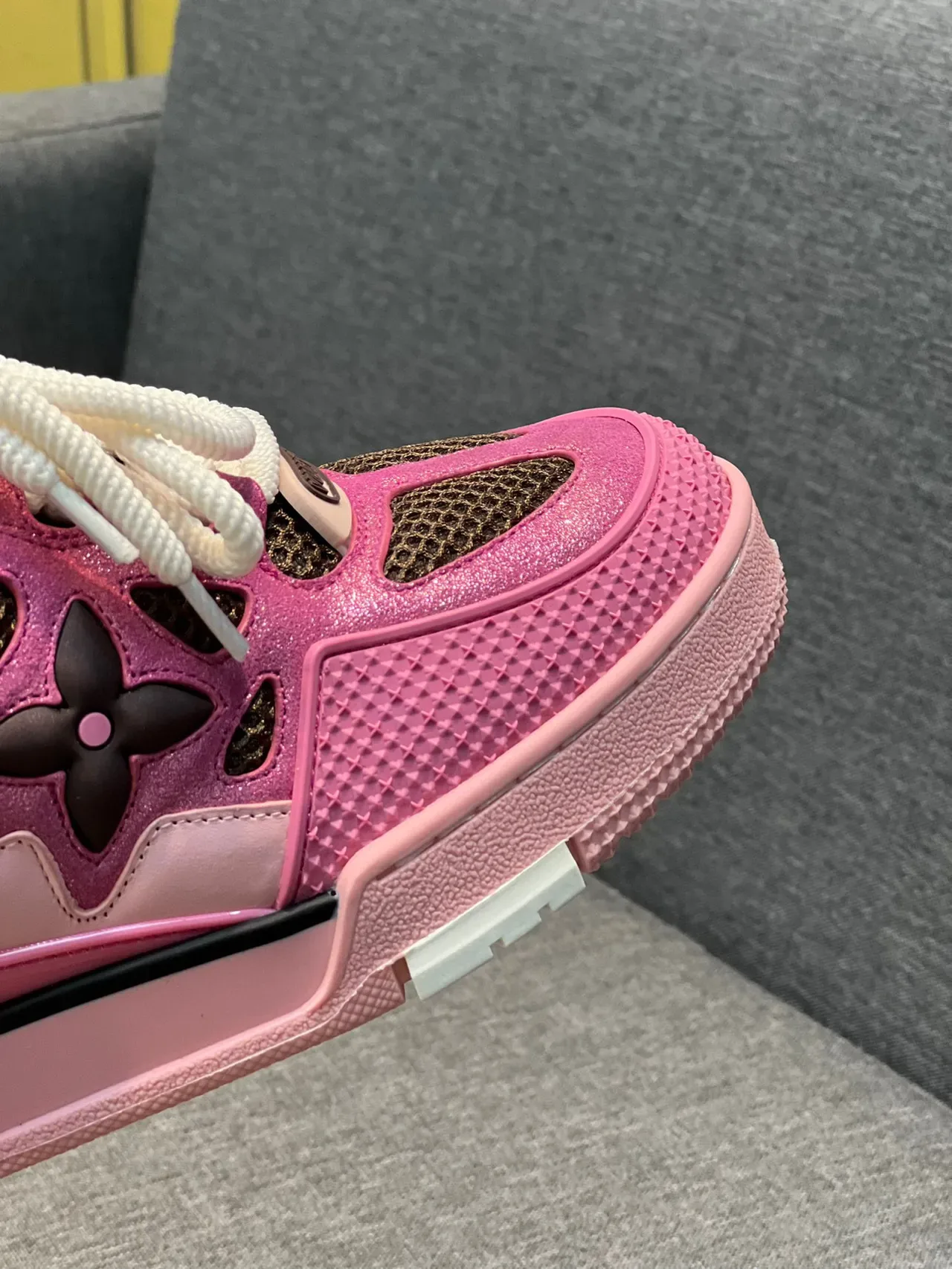 Louis Vuitton LV Trainer Pink Black Metallic Upper Floral Perforated Overlays Lifestyle Sneakers 3