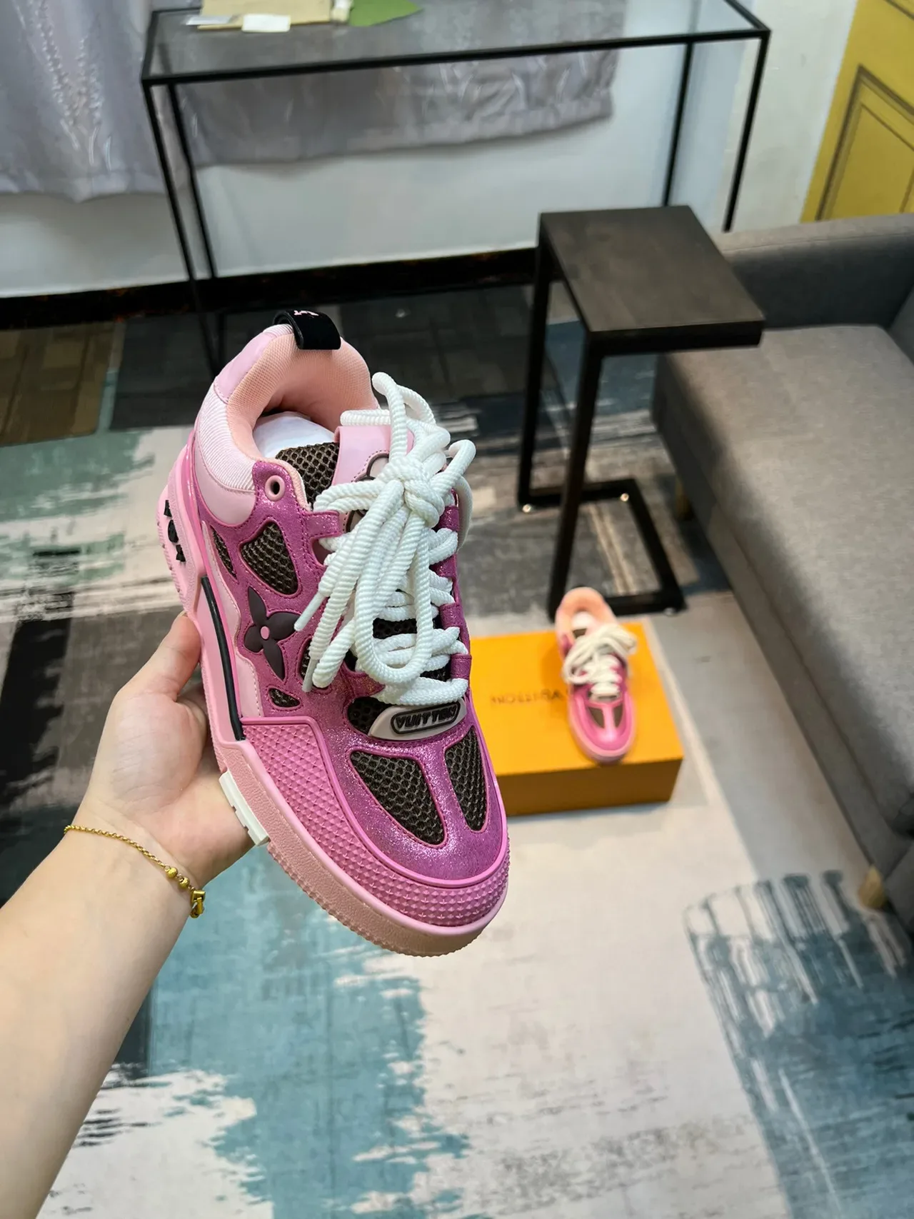 Louis Vuitton LV Trainer Pink Black Metallic Upper Floral Perforated Overlays Lifestyle Sneakers 6