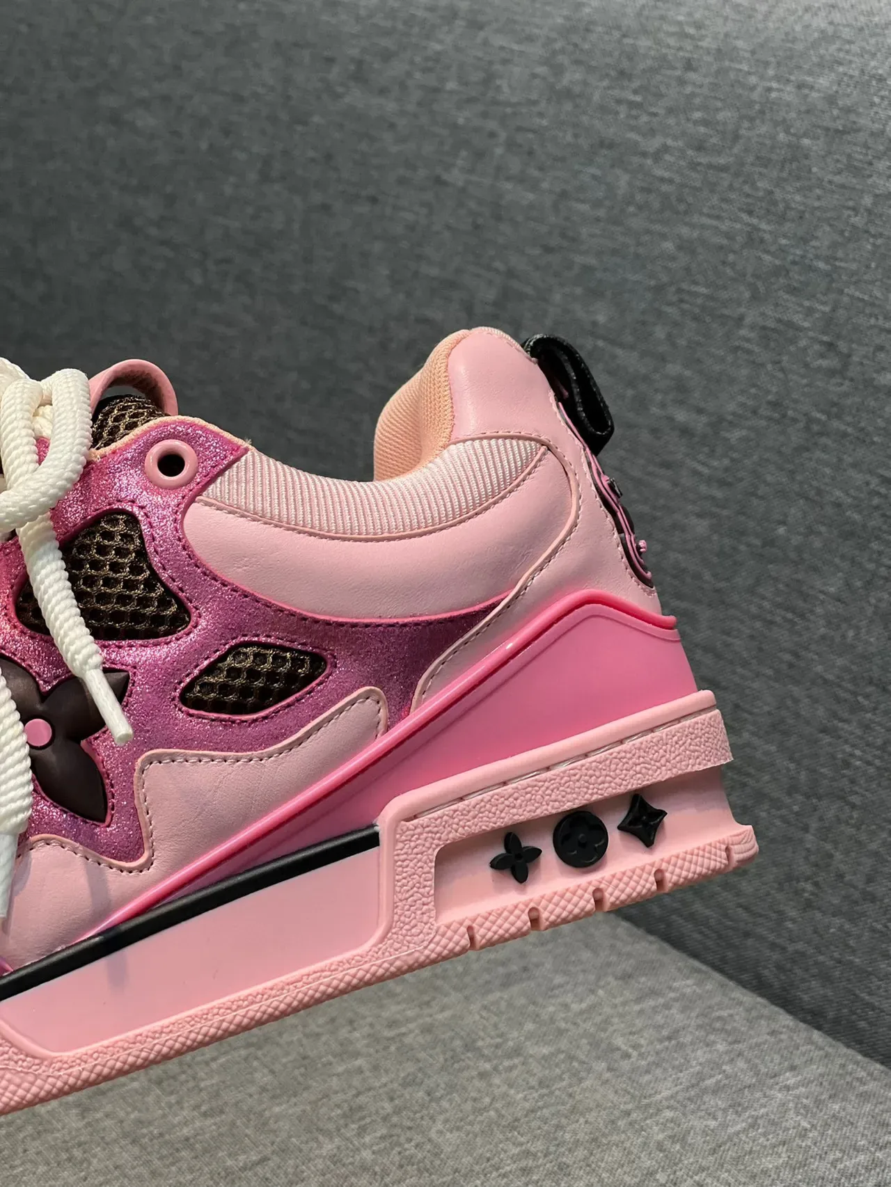 Louis Vuitton LV Trainer Pink Black Metallic Upper Floral Perforated Overlays Lifestyle Sneakers 8