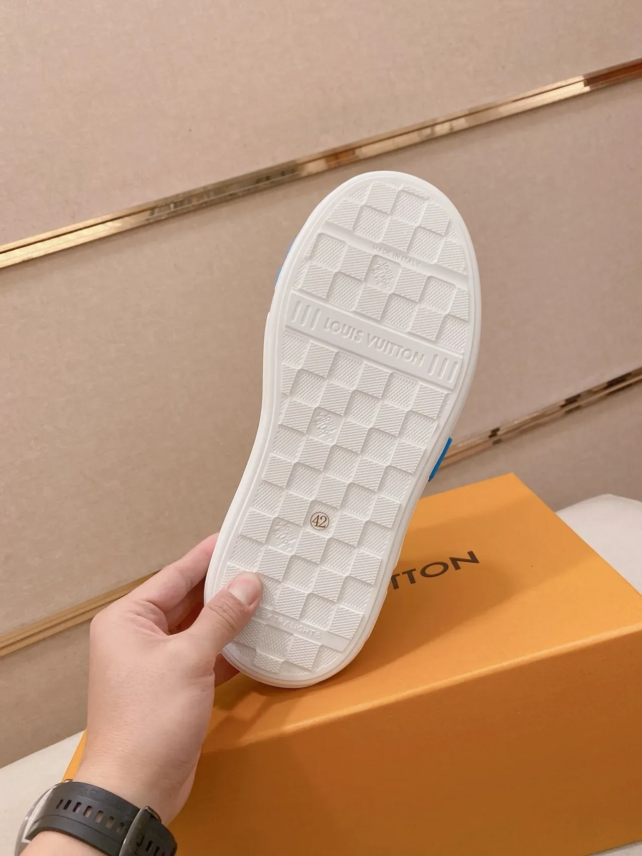 Louis Vuitton LV Trainer White Blue Leather Upper Bold Midsole Branding Lifestyle Sneakers 2
