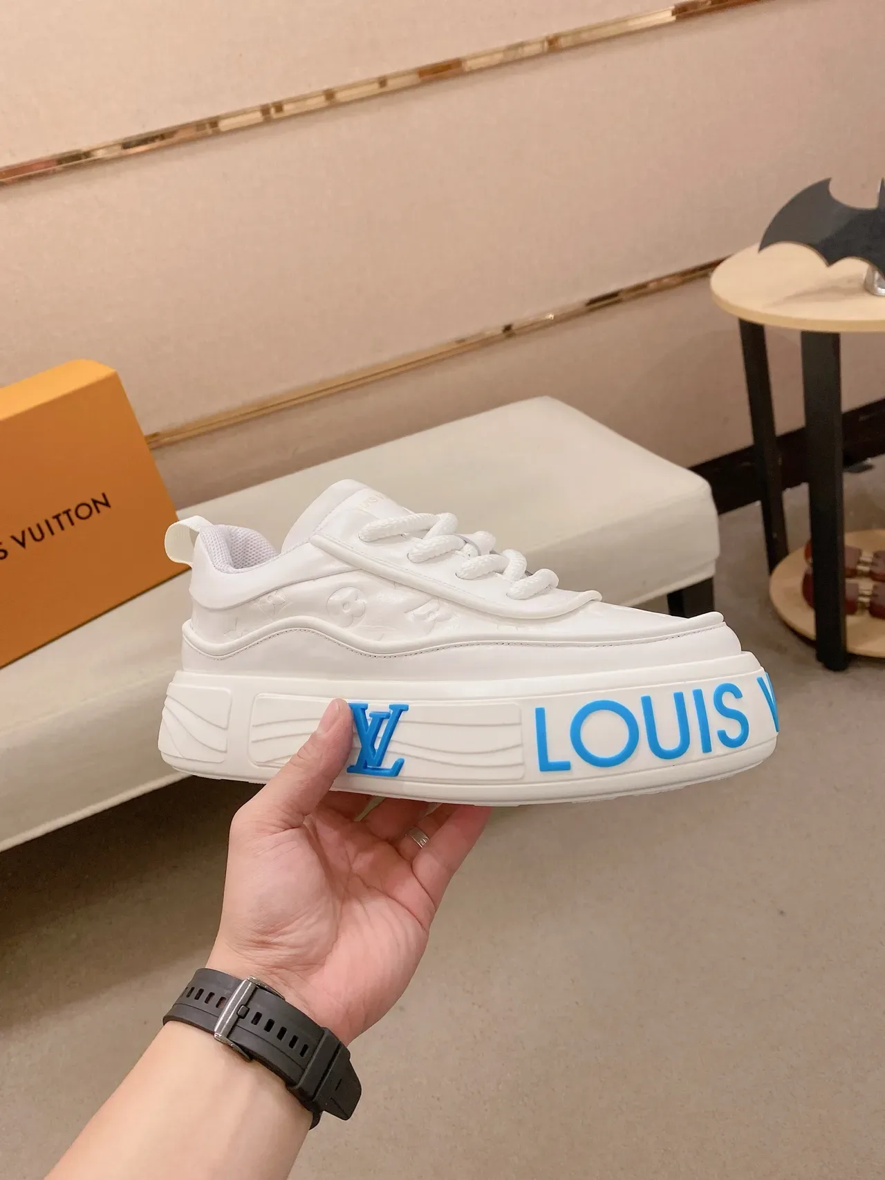 Louis Vuitton LV Trainer White Blue Leather Upper Bold Midsole Branding Lifestyle Sneakers 4