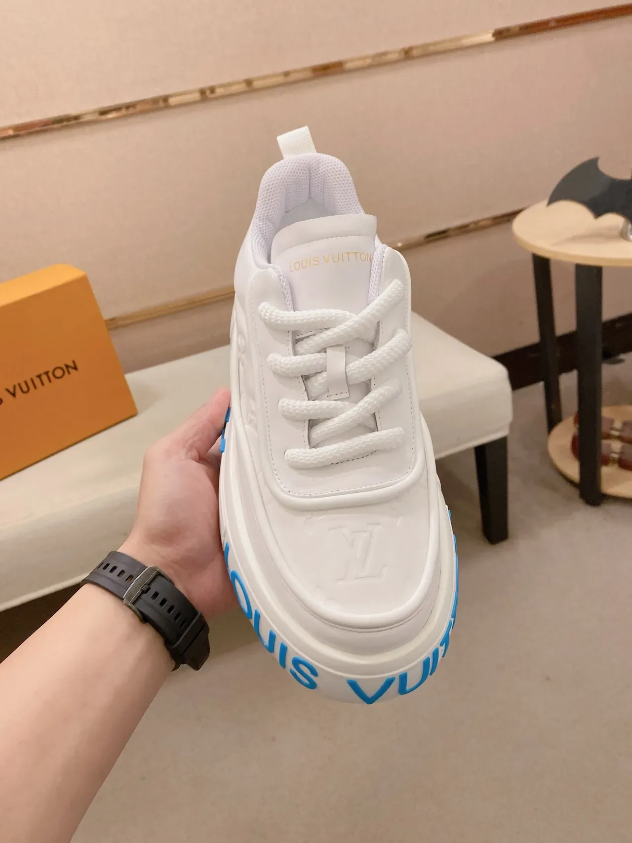 Louis Vuitton LV Trainer White Blue Leather Upper Bold Midsole Branding Lifestyle Sneakers 5