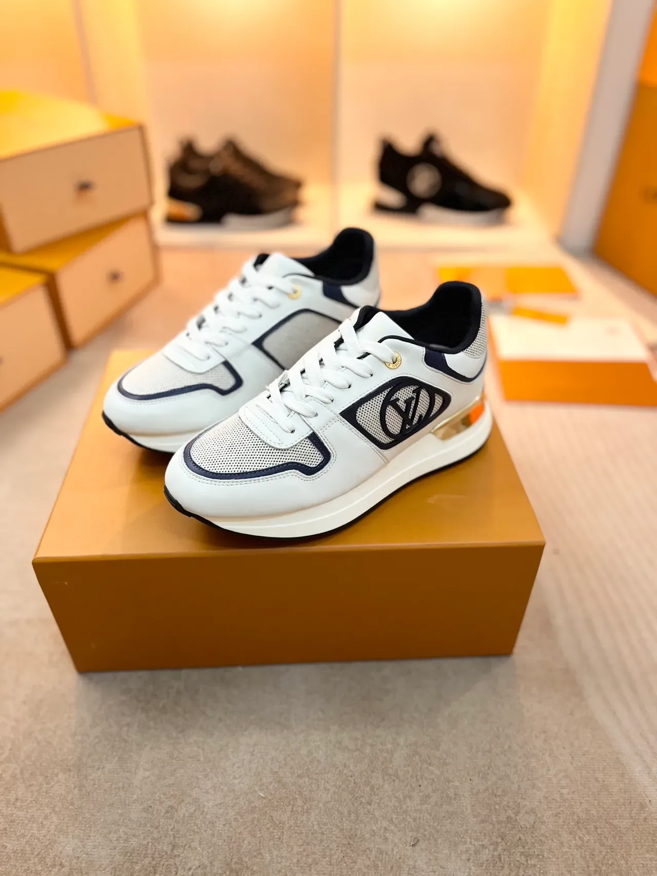 Louis Vuitton LV Trainer White Navy Monogrammed Side Panel Mesh And Leather Hybrid Upper Lifestyle Sneakers 4