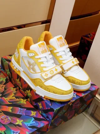 Louis Vuitton LV Trainer Yellow White Monogrammed Textile Mesh Panel Lifestyle Sneakers 7