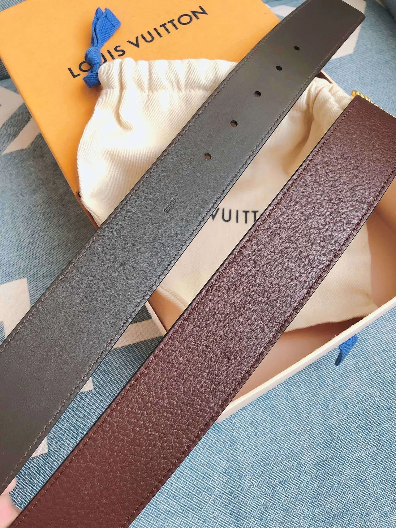 Louis Vuitton LV 扭 棕 金 扭曲绳 单色图案 扣 粒面 皮革 带 2