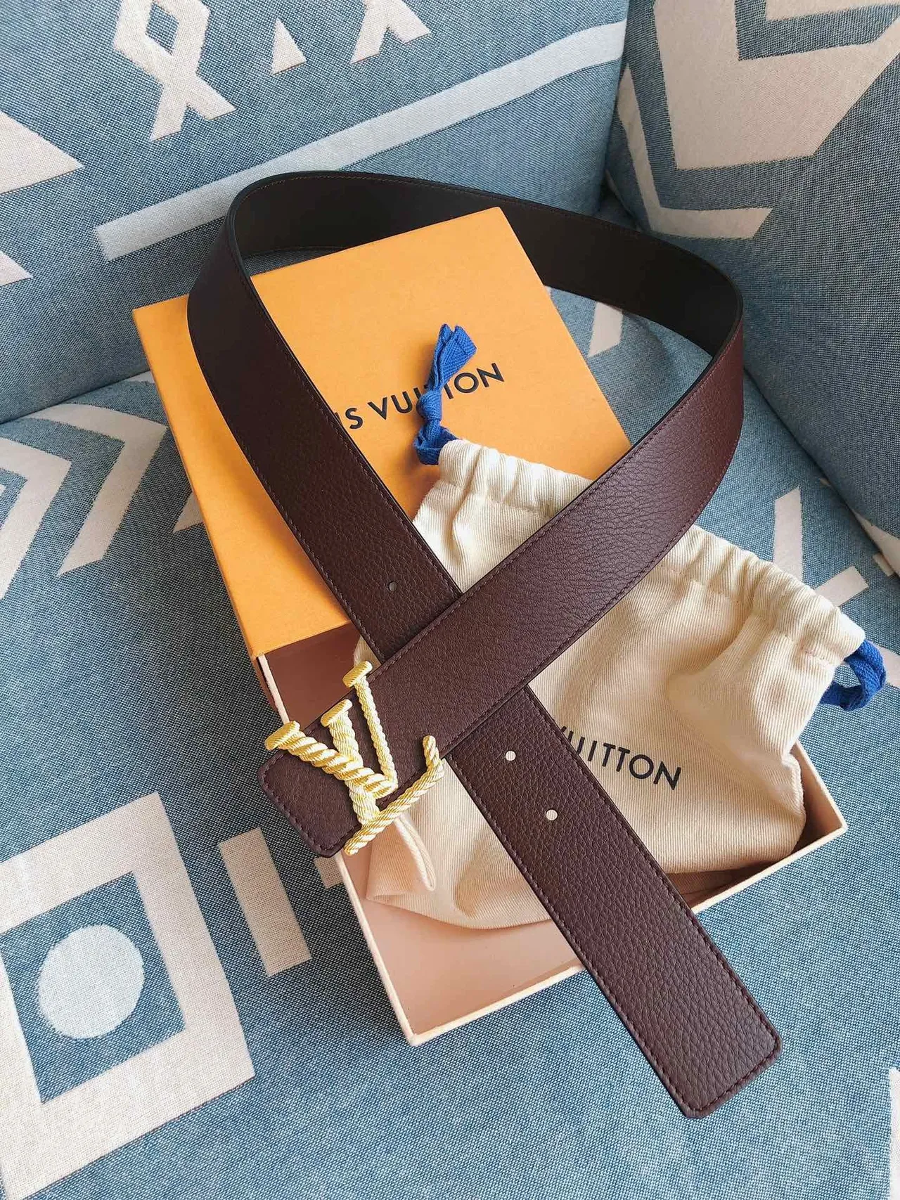 Louis Vuitton LV 扭 棕 金 扭曲绳 单色图案 扣 粒面 皮革 带 5