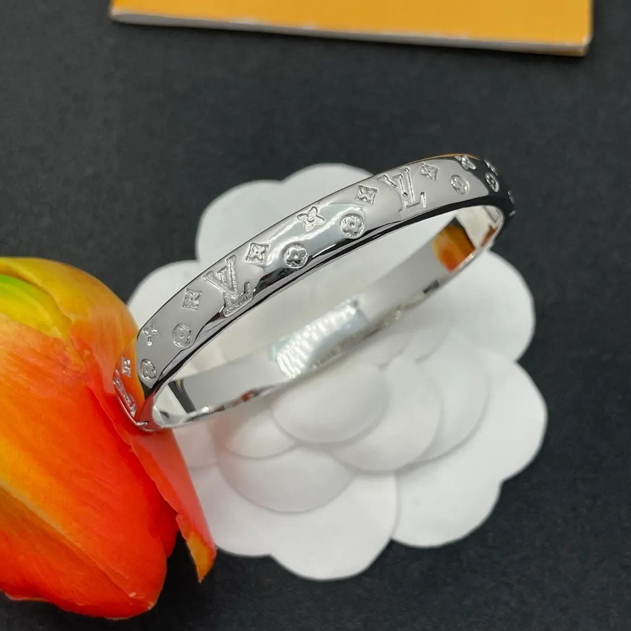 Louis Vuitton Monogram Bangle Silver Polished Engraved Bracelet 7