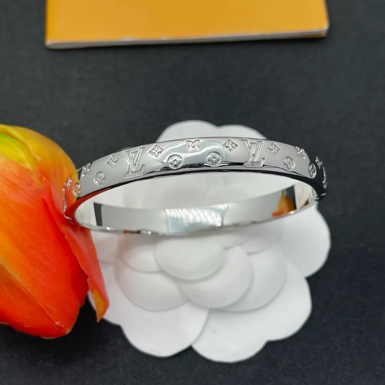 Louis Vuitton Monogram Bangle Silver Polished Engraved Bracelet 8