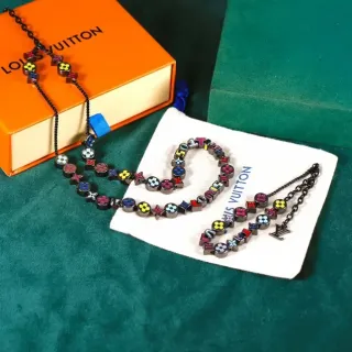 Louis Vuitton Monogram Beads Black Multicolor Beaded Enamel-Charm Necklace