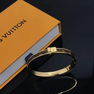Louis Vuitton Monogram Canvas Bangle Gold Brown Hinged Inlay Bracelet
