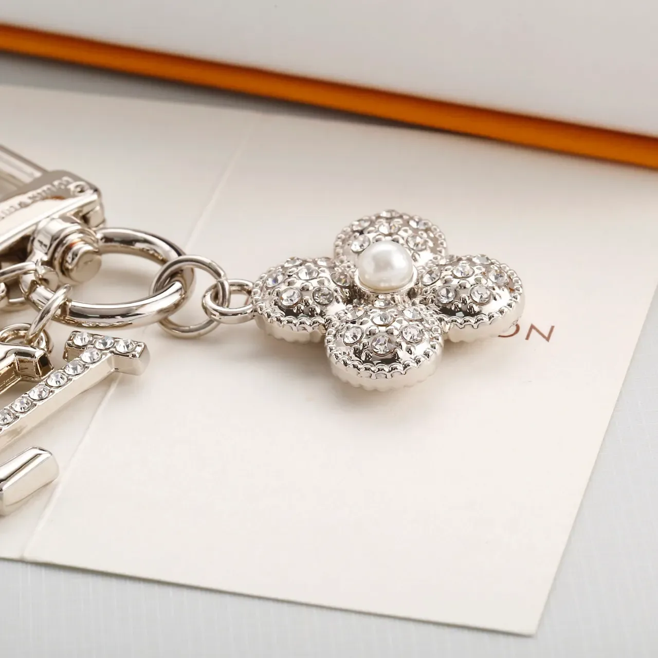 Louis Vuitton Monogram Flower Crystal Pearl Keychain Brooch 2