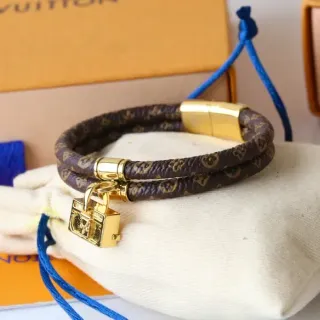 Louis Vuitton Monogram Pulsera Cuero Marrón Trenzada Impresión Dorada