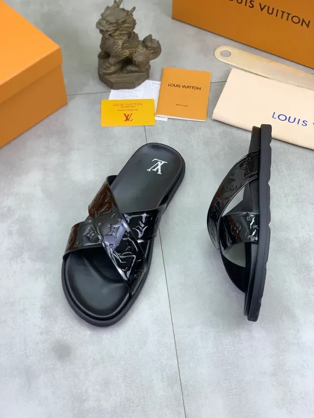 Louis Vuitton Monogram Slide Black Patent Leather Monogrammed Straps Slippers 4