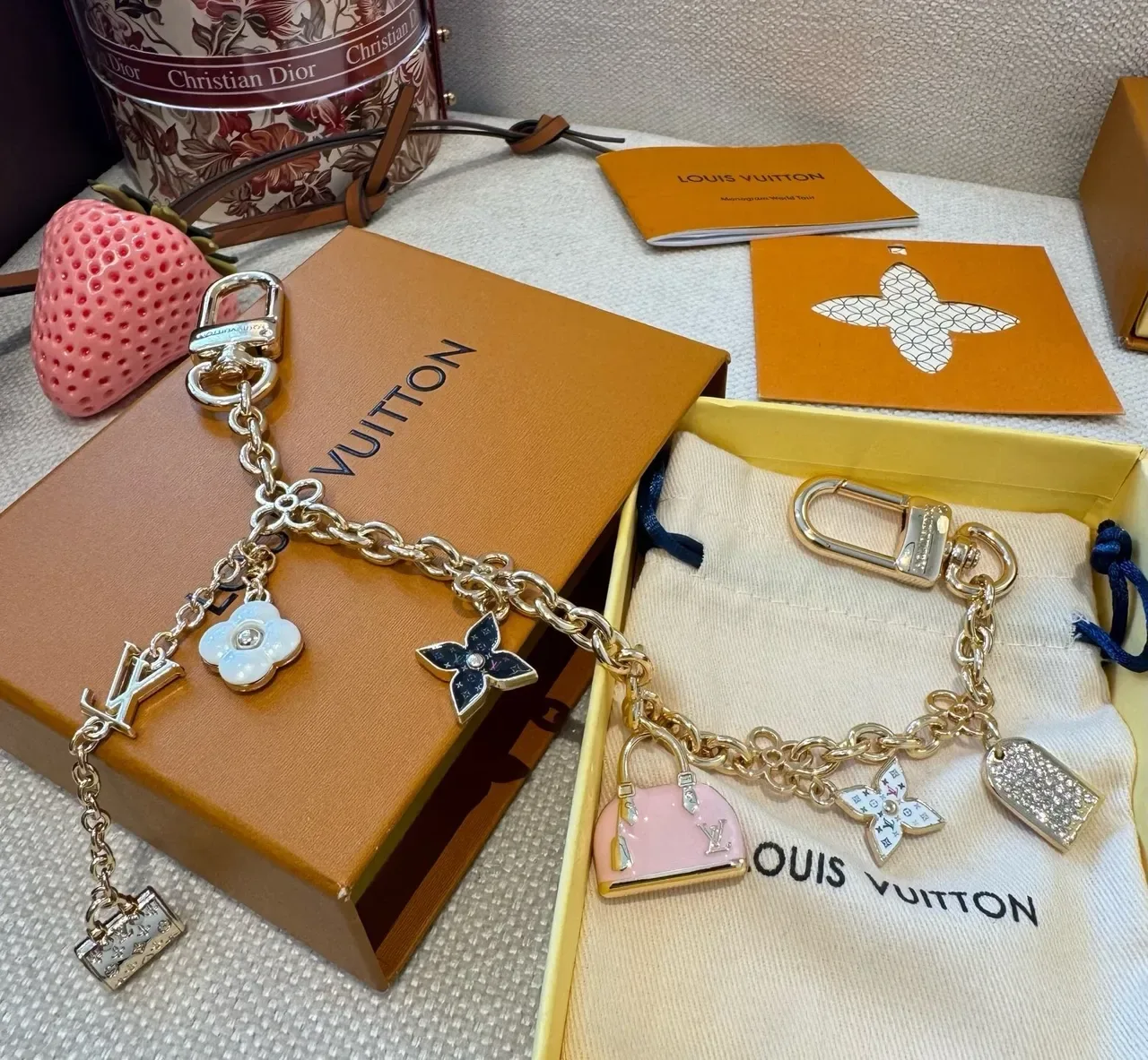 Louis Vuitton Monogram World Tour Gold Pink Chain Multi-Charm Pendant Bracelet 2
