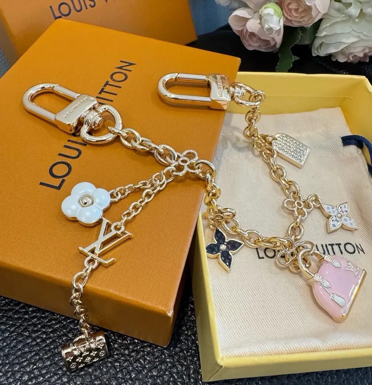 Louis Vuitton Monogram World Tour Gold Pink Chain Multi-Charm Pendant Bracelet 5