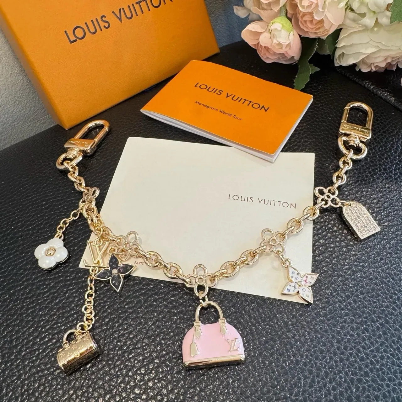 Louis Vuitton Monogram World Tour Gold Pink Chain Multi-Charm Pendant Bracelet 6