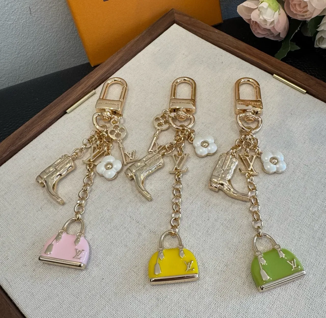 Louis Vuitton Multi Charm Gold Pink Metal Enamel Bag Bracelet 6