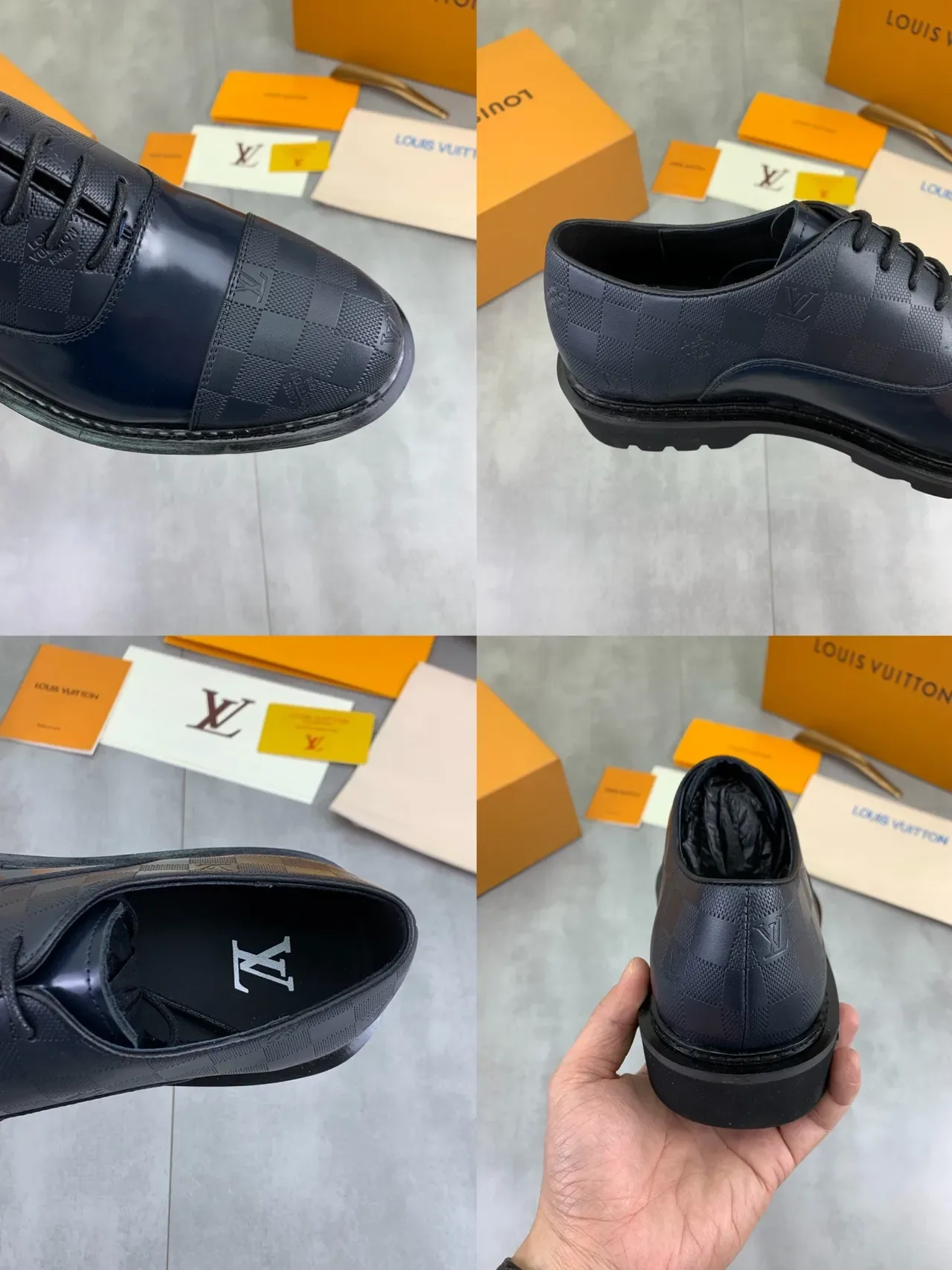 Louis Vuitton Navy Blue Checkerboard Cap-Toe Oxford Shoes 2
