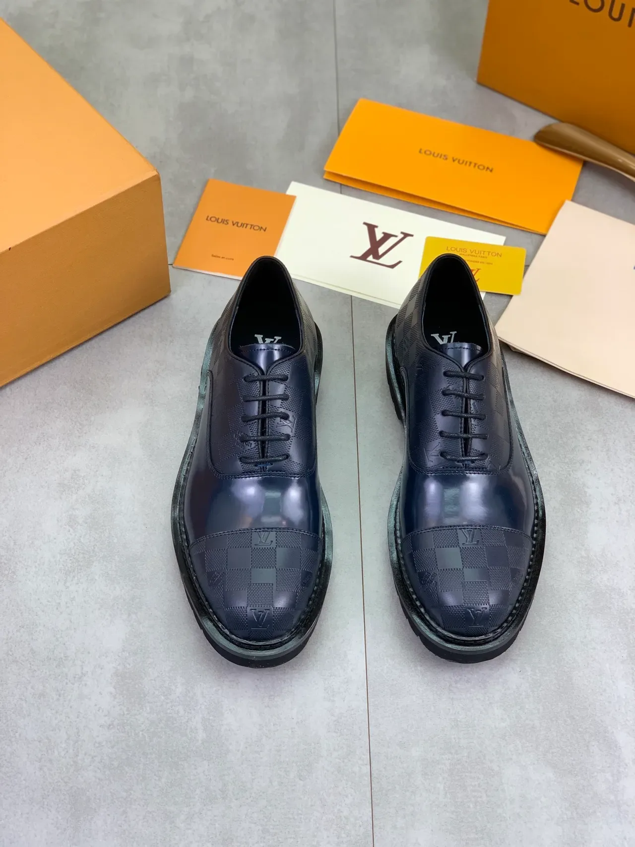 Louis Vuitton Navy Blue Checkerboard Cap-Toe Oxford Shoes 4