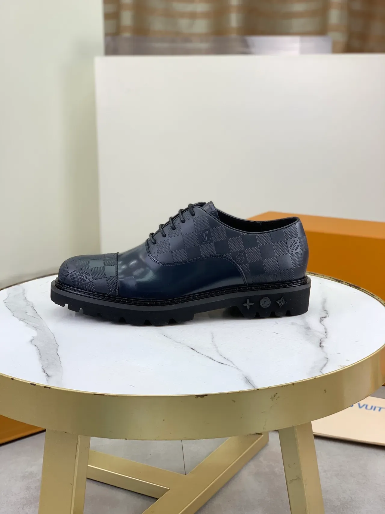 Louis Vuitton Navy Blue Checkerboard Cap-Toe Oxford Shoes 5