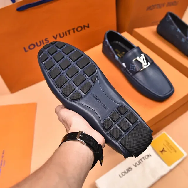 Louis Vuitton Navy Blue Leather Monogram-Lined Loafer 5