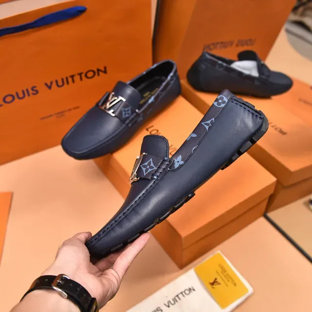Louis Vuitton Navy Blue Leather Monogram-Lined Loafer 7