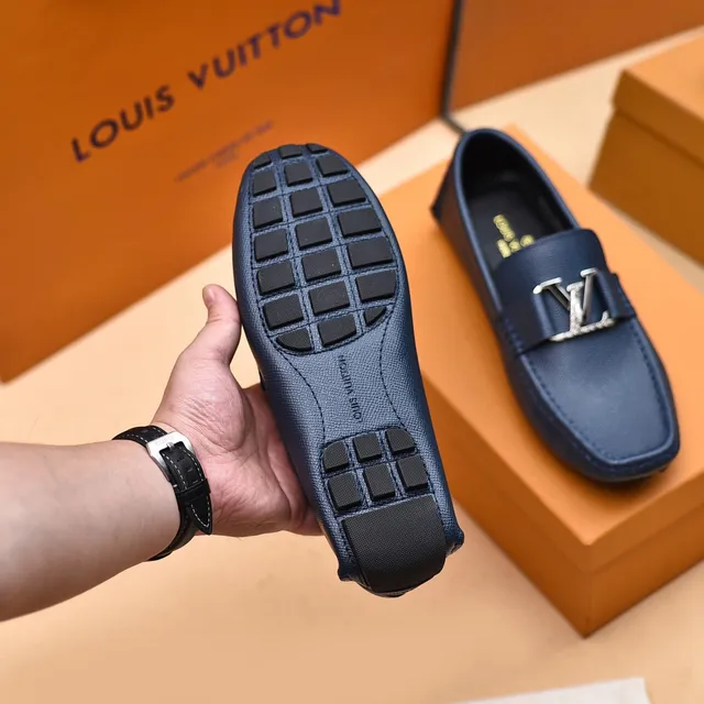 Louis Vuitton Navy Silver Textured Leather LV Monogram Buckle Loafer 4