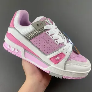 Louis Vuitton sneakers lifestyle rosa branco sola chunky em camadas parte superior de malha perfurada