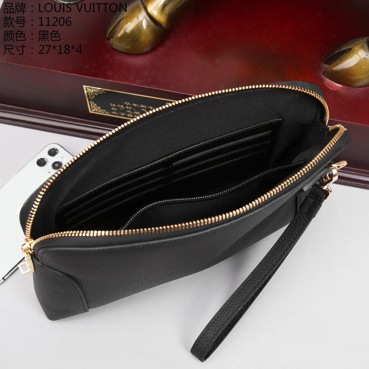 Louis Vuitton Pochette Metis Black Gold Structured Rectangular Pebbled Leather Wristlet 3