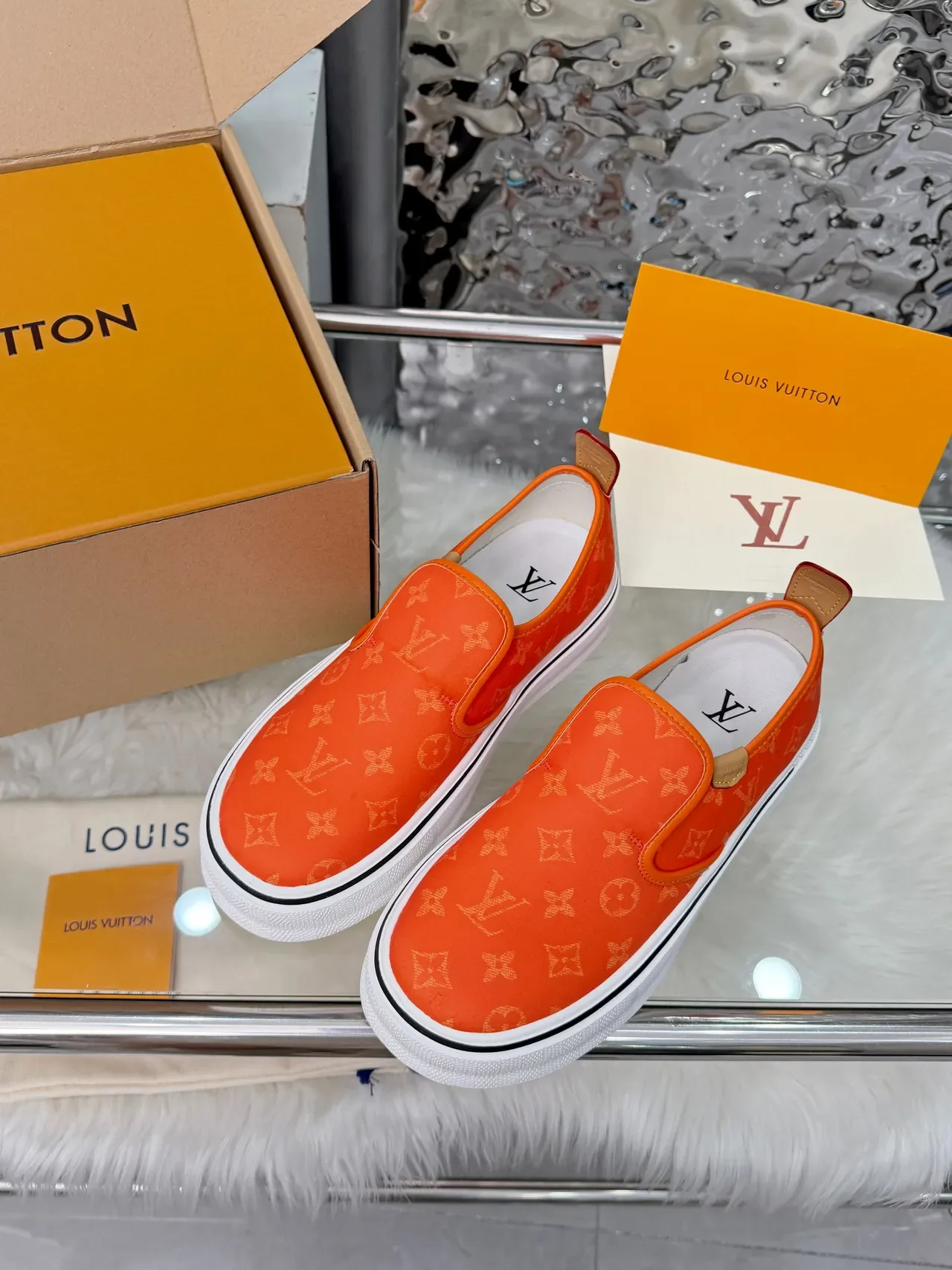 Louis Vuitton Run Away Orange White Slip-On Monogram Canvas Lifestyle Sneakers 3