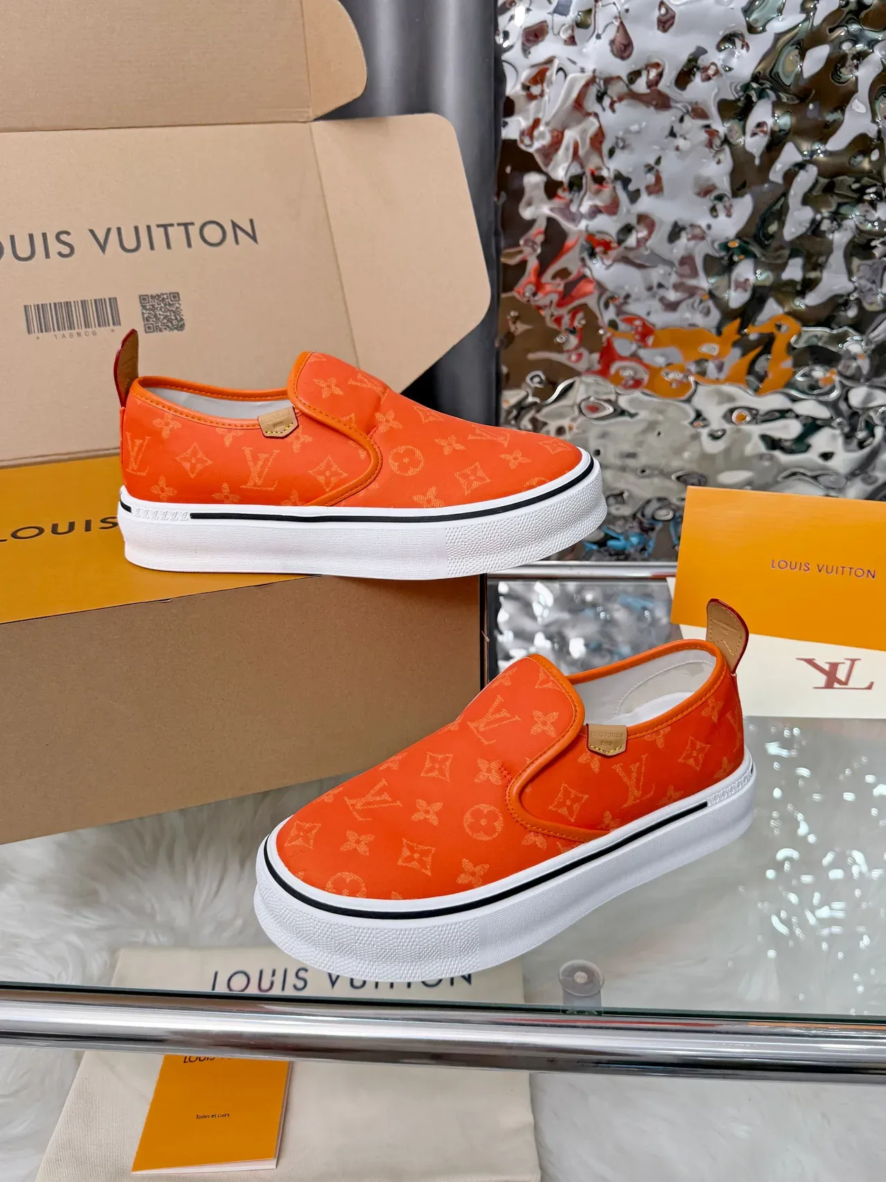 Louis Vuitton Run Away Orange White Slip-On Monogram Canvas Lifestyle Sneakers 4