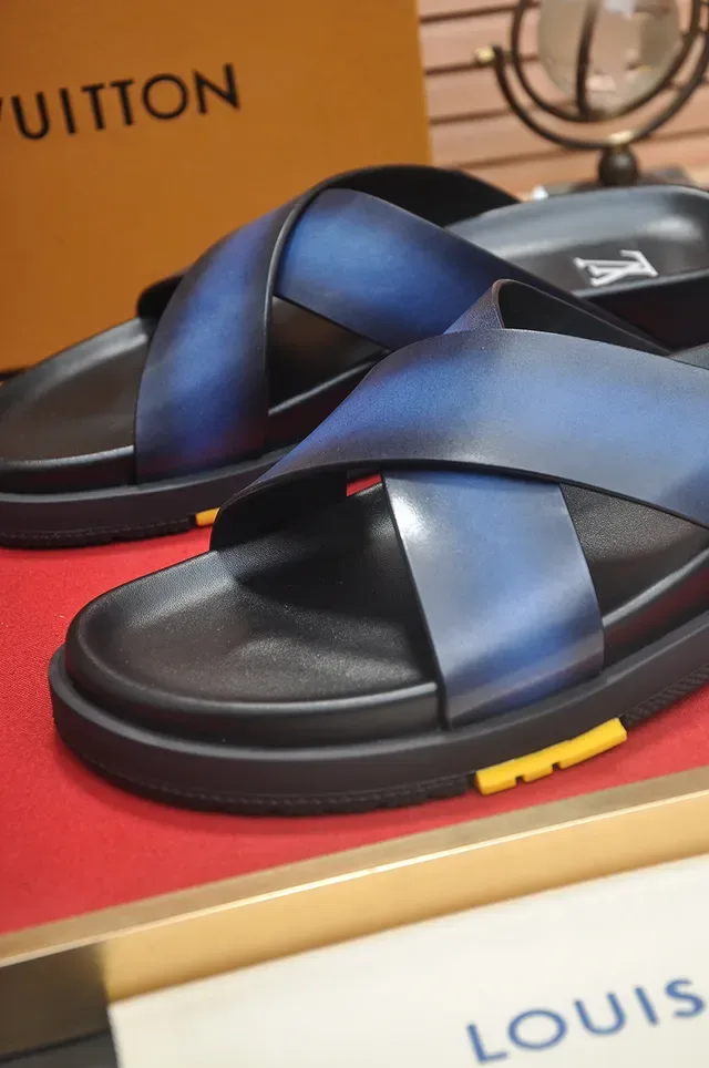 Louis Vuitton Slide Black Blue Crossed Leather Straps Iridescent Gradient Finish Casual Sandals 2