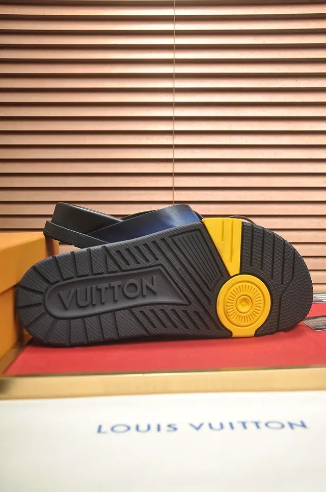 Louis Vuitton Slide Black Blue Crossed Leather Straps Iridescent Gradient Finish Casual Sandals 3