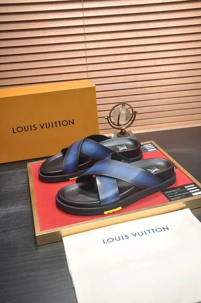 Louis Vuitton Slide Black Blue Crossed Leather Straps Iridescent Gradient Finish Casual Sandals 4