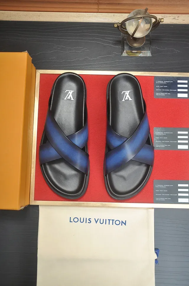 Louis Vuitton Slide Black Blue Crossed Leather Straps Iridescent Gradient Finish Casual Sandals 5