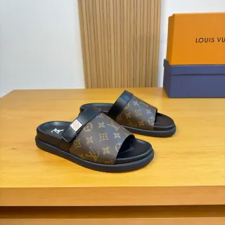 Louis Vuitton Slide Marrón Negro Monogram Lona Correa Cuero Chanclas