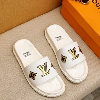 Louis Vuitton Slide 白色金色模制橡胶鞋底压印花押图案内里拖鞋