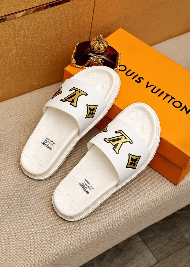 Louis Vuitton Slide White Gold Molded Rubber Sole Embossed Monogram Insole Slippers 2